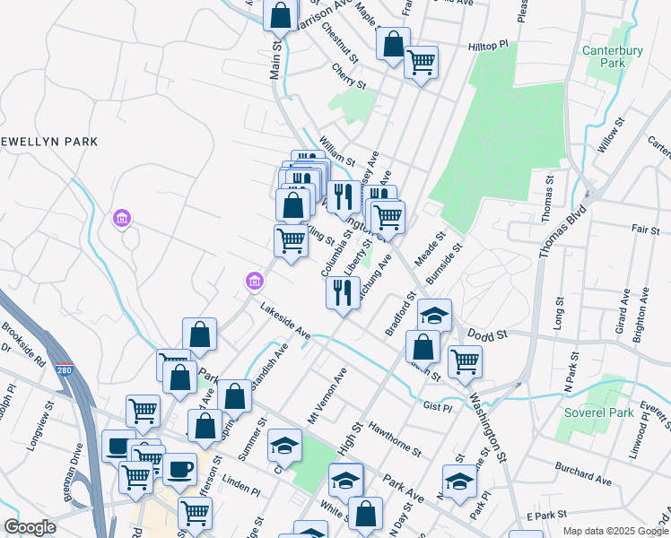 map of restaurants, bars, coffee shops, grocery stores, and more near in West Orange