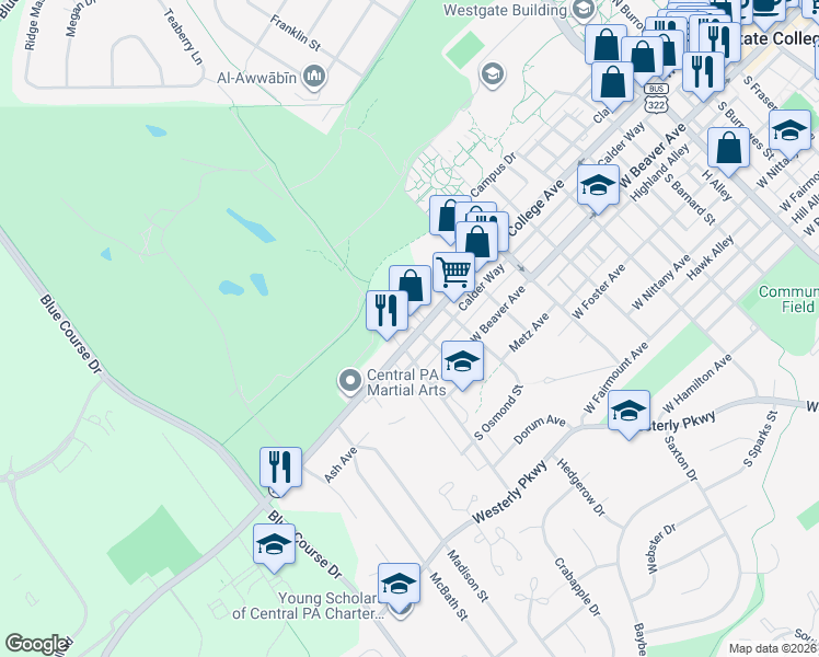 map of restaurants, bars, coffee shops, grocery stores, and more near 1119 West College Avenue in State College