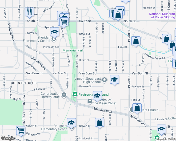 map of restaurants, bars, coffee shops, grocery stores, and more near 2757 South 35th Street in Lincoln