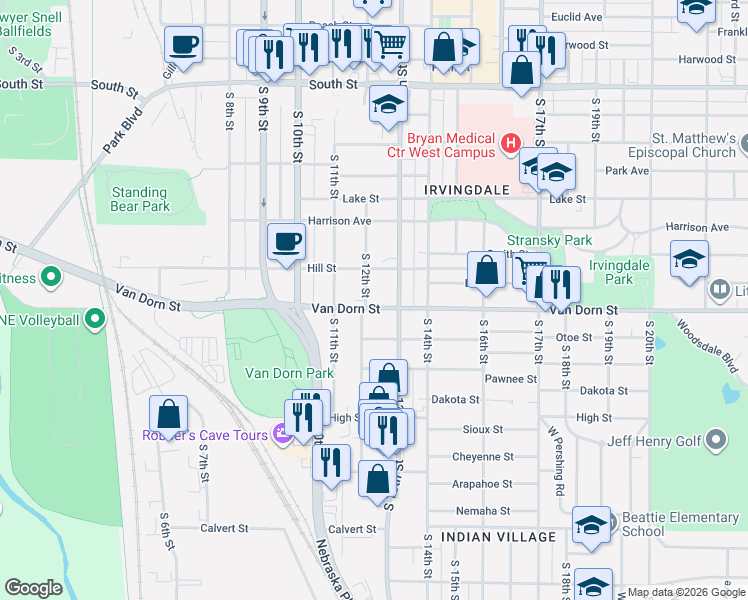 map of restaurants, bars, coffee shops, grocery stores, and more near 2741 South 13th Street in Lincoln