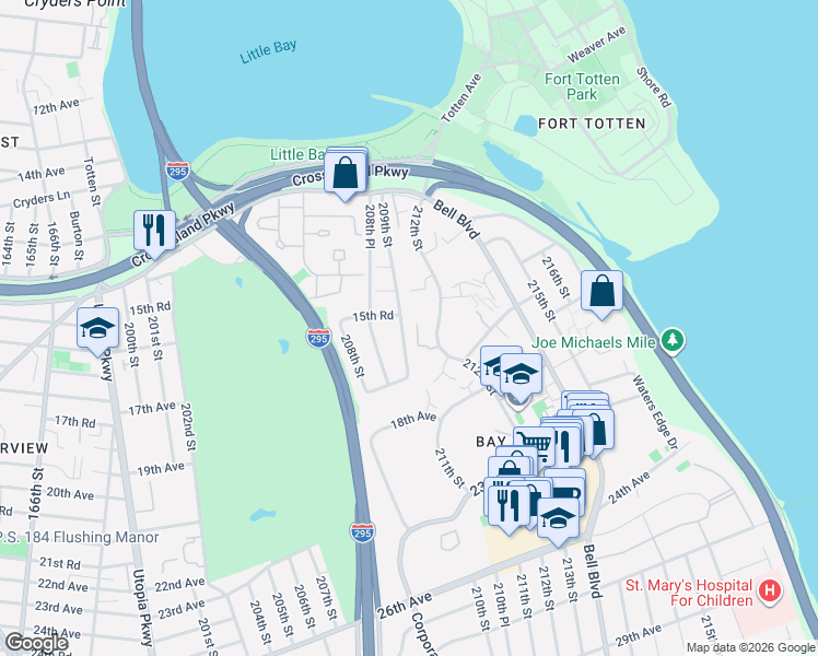 map of restaurants, bars, coffee shops, grocery stores, and more near 208-58 15th Road in Queens
