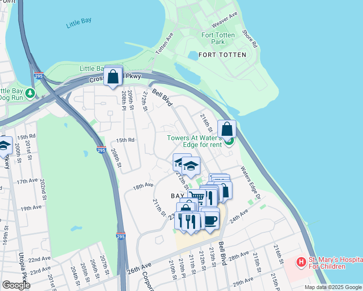 map of restaurants, bars, coffee shops, grocery stores, and more near 212-72 16th Avenue in Queens