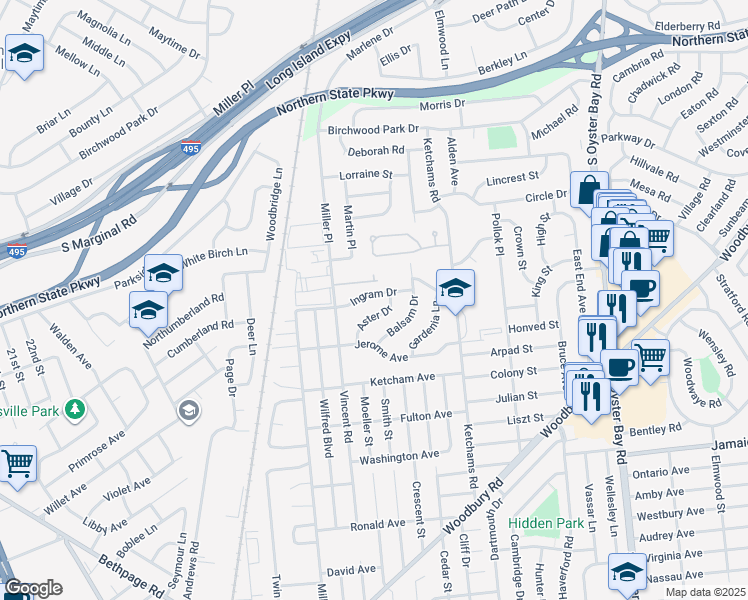 map of restaurants, bars, coffee shops, grocery stores, and more near 14 Ingram Drive in Hicksville
