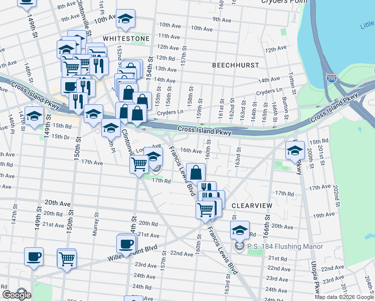 map of restaurants, bars, coffee shops, grocery stores, and more near 157-23 16th Avenue in Queens