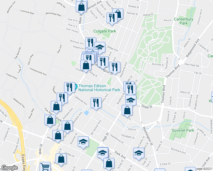 map of restaurants, bars, coffee shops, grocery stores, and more near 38 Liberty Street in West Orange