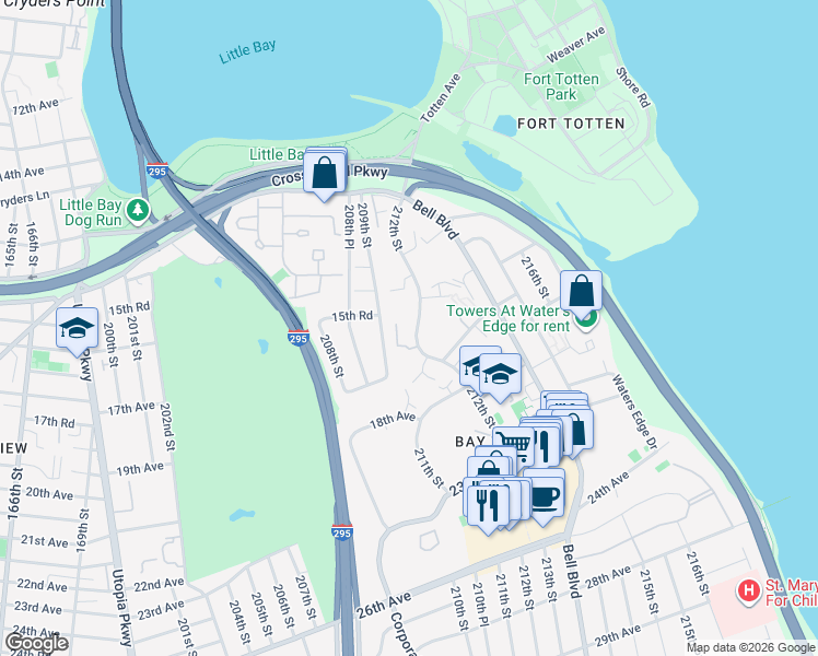 map of restaurants, bars, coffee shops, grocery stores, and more near 15-26 212th Street in Queens