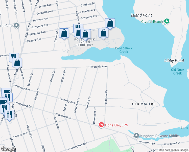 map of restaurants, bars, coffee shops, grocery stores, and more near 109 Woodcut Drive in Mastic Beach