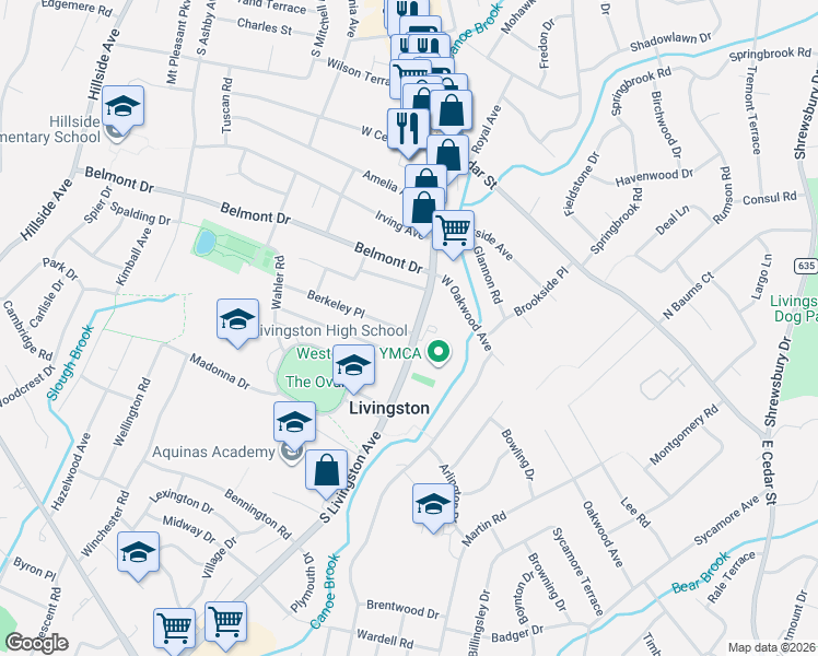 map of restaurants, bars, coffee shops, grocery stores, and more near 6 Berkeley Place in Livingston