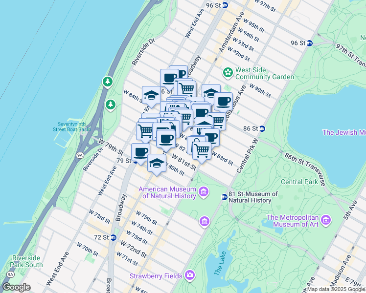 map of restaurants, bars, coffee shops, grocery stores, and more near 139 West 82nd Street in New York