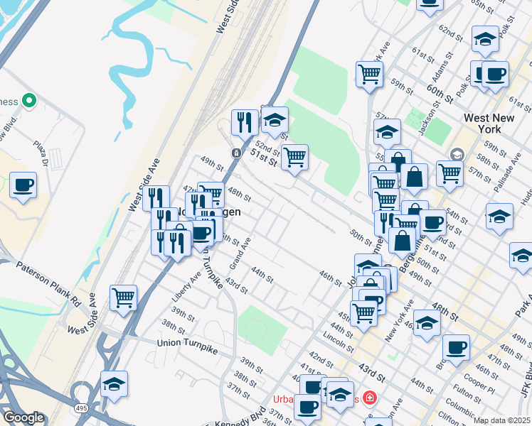 map of restaurants, bars, coffee shops, grocery stores, and more near 1465 48th Street in North Bergen