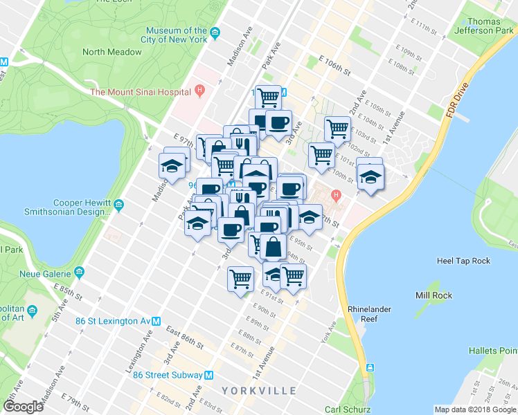 map of restaurants, bars, coffee shops, grocery stores, and more near 1709 3rd Avenue in New York