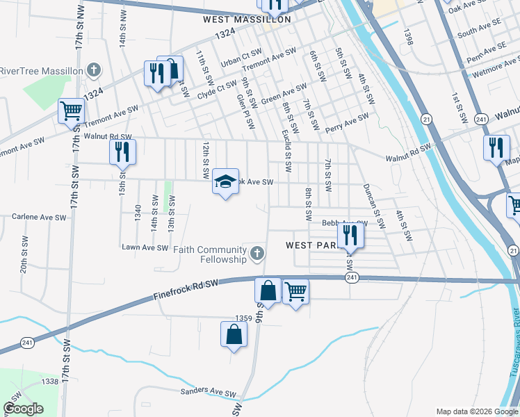 map of restaurants, bars, coffee shops, grocery stores, and more near 854 Webb Avenue Southwest in Massillon