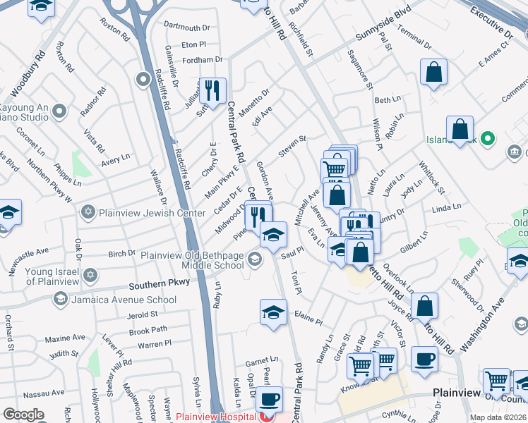 map of restaurants, bars, coffee shops, grocery stores, and more near 2 Sydney Street in Plainview