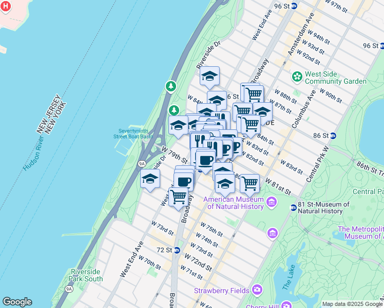 map of restaurants, bars, coffee shops, grocery stores, and more near 412 West End Avenue in New York