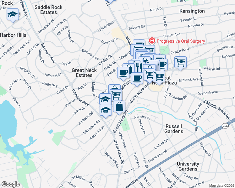 map of restaurants, bars, coffee shops, grocery stores, and more near 89 Cuttermill Road in Great Neck