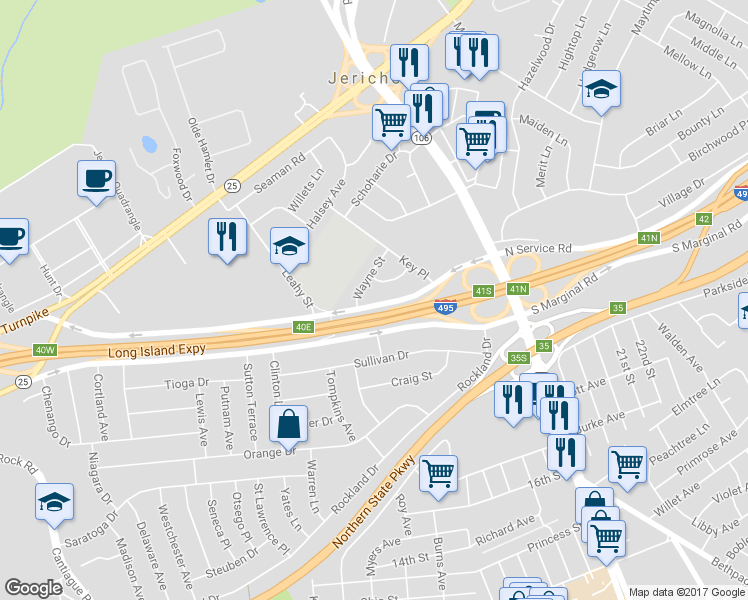 map of restaurants, bars, coffee shops, grocery stores, and more near 183 North Marginal Road in Jericho