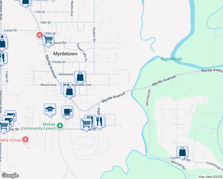 map of restaurants, bars, coffee shops, grocery stores, and more near 2407 Frank Street in Eureka