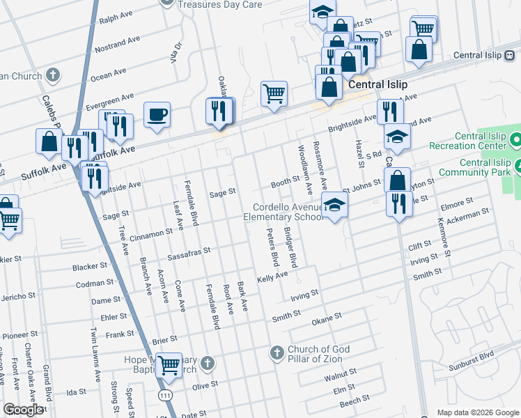 map of restaurants, bars, coffee shops, grocery stores, and more near 21 Peters Boulevard in Central Islip