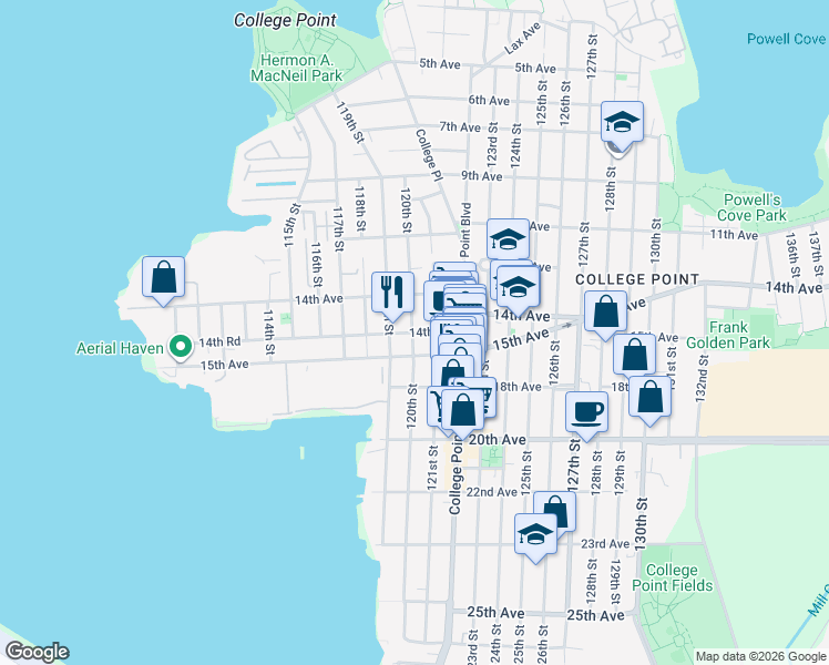 map of restaurants, bars, coffee shops, grocery stores, and more near 119-11 14th Road in Queens