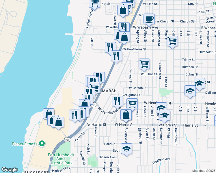 map of restaurants, bars, coffee shops, grocery stores, and more near 2606 Fairfield Street in Eureka