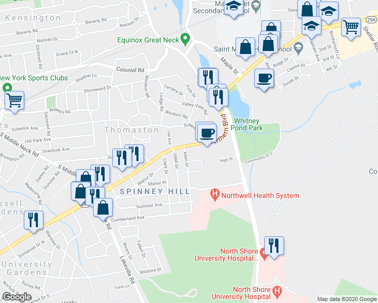 map of restaurants, bars, coffee shops, grocery stores, and more near 1000 Northern Boulevard in Great Neck