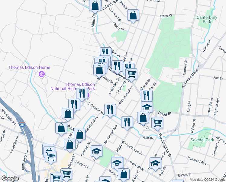 map of restaurants, bars, coffee shops, grocery stores, and more near 48 Columbia Street in West Orange