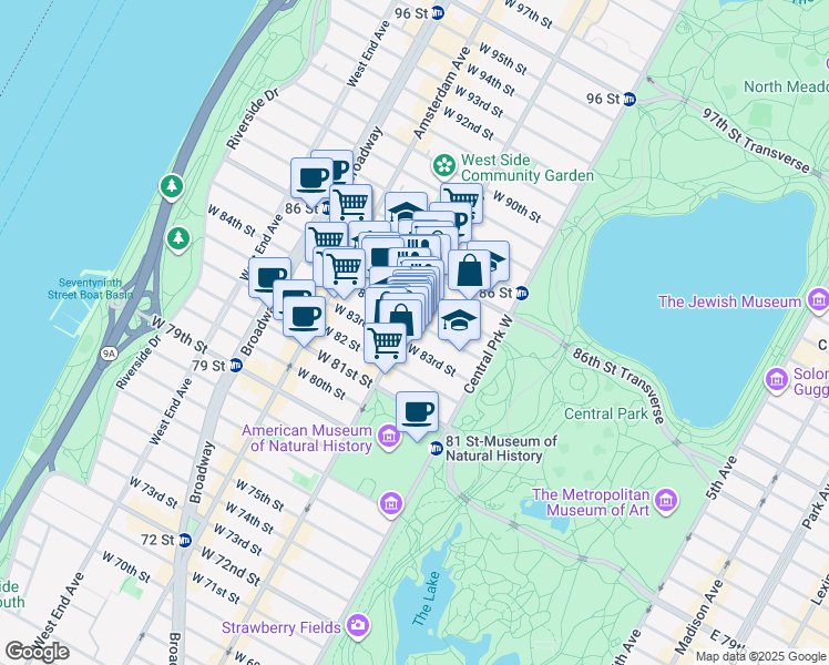 map of restaurants, bars, coffee shops, grocery stores, and more near 491 Columbus Avenue in New York