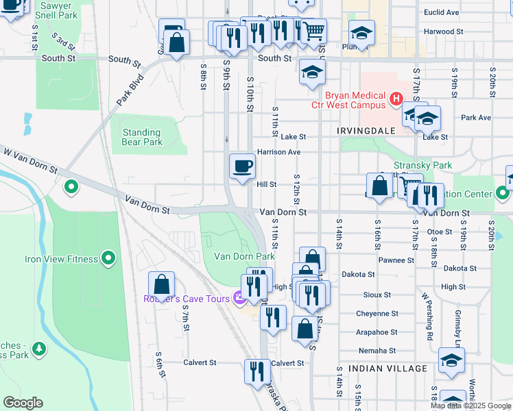 map of restaurants, bars, coffee shops, grocery stores, and more near 2750 South 10th Street in Lincoln