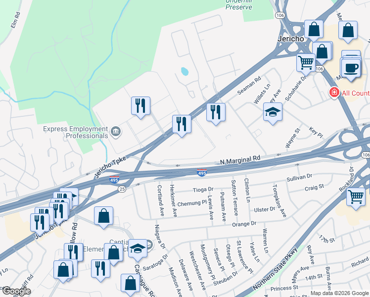 map of restaurants, bars, coffee shops, grocery stores, and more near 2 Jericho Turnpike in Jericho