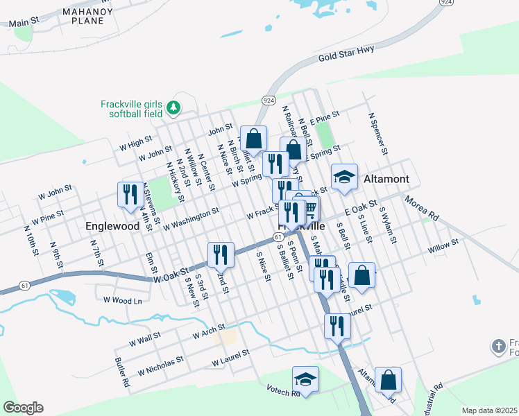 map of restaurants, bars, coffee shops, grocery stores, and more near 10 North Balliet Street in Frackville