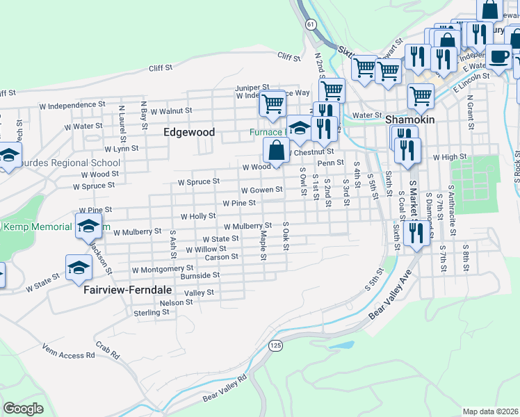 map of restaurants, bars, coffee shops, grocery stores, and more near 934 West Pine Street in Fairview-Ferndale