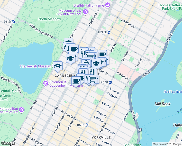 map of restaurants, bars, coffee shops, grocery stores, and more near 160 East 95th Street in New York