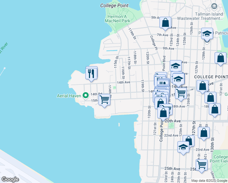 map of restaurants, bars, coffee shops, grocery stores, and more near 114-15 14th Road in Queens