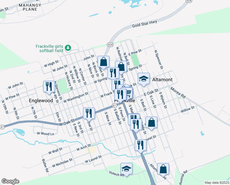 map of restaurants, bars, coffee shops, grocery stores, and more near 16 West Frack Street in Frackville