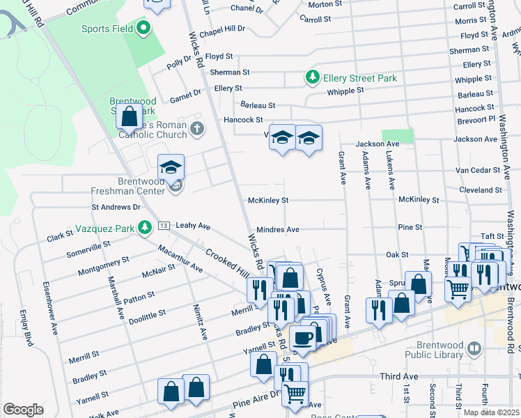 map of restaurants, bars, coffee shops, grocery stores, and more near 18 McKinley Street in Brentwood