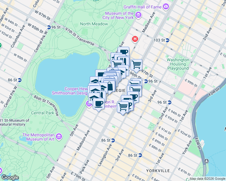 map of restaurants, bars, coffee shops, grocery stores, and more near 1301 Madison Avenue in New York