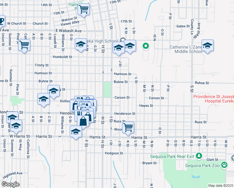 map of restaurants, bars, coffee shops, grocery stores, and more near 2526 J Street in Eureka