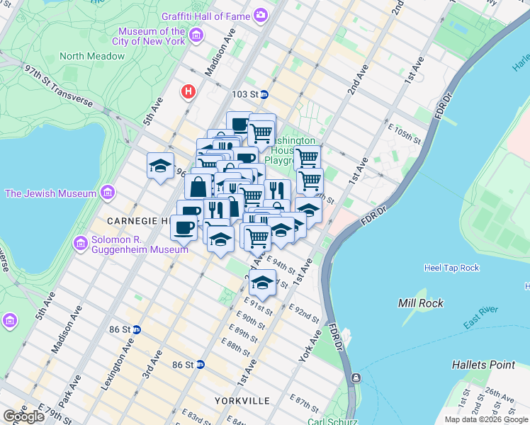 map of restaurants, bars, coffee shops, grocery stores, and more near 225 East 96th Street in New York