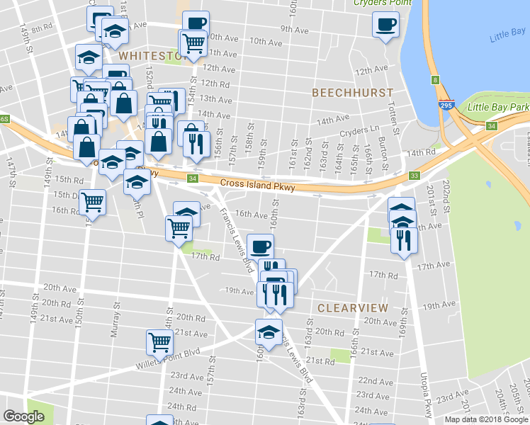 map of restaurants, bars, coffee shops, grocery stores, and more near 159-7 16th Avenue in Queens