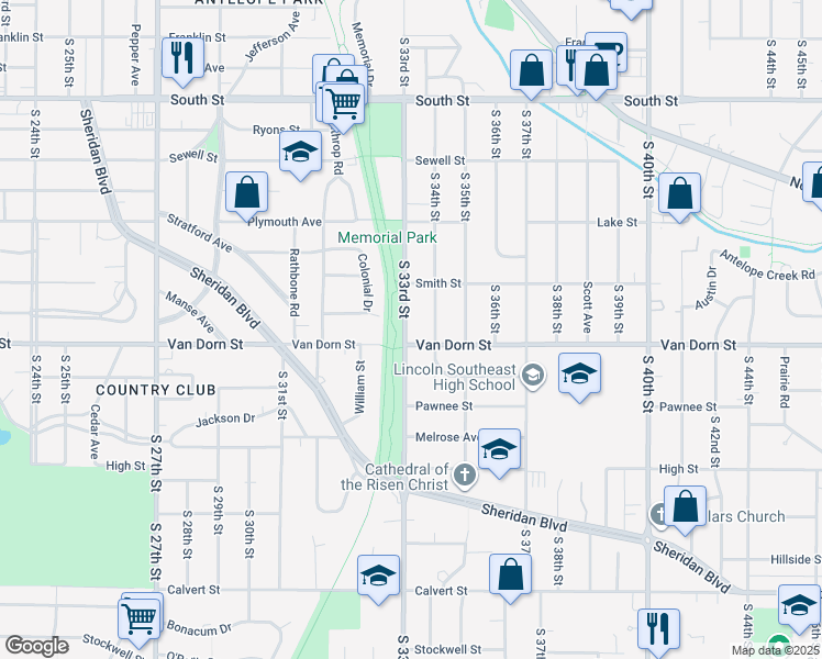 map of restaurants, bars, coffee shops, grocery stores, and more near 2766 South 33rd Street in Lincoln