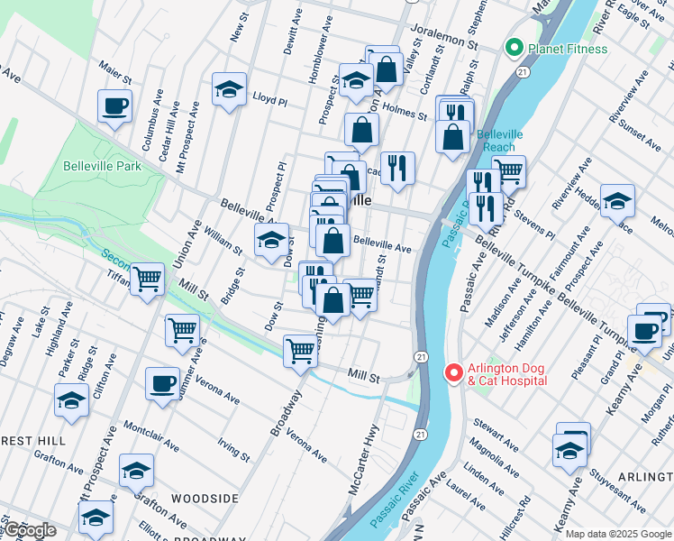 map of restaurants, bars, coffee shops, grocery stores, and more near 16 Greenwich Street in Belleville