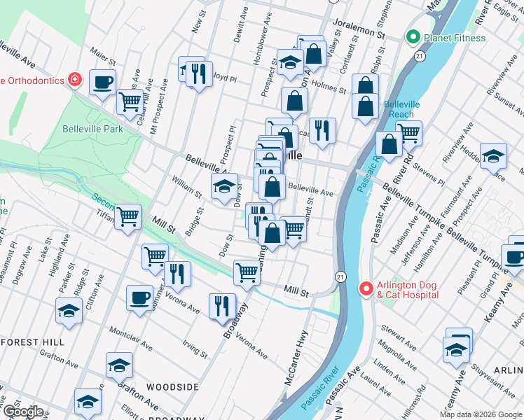 map of restaurants, bars, coffee shops, grocery stores, and more near 100 William Street in Belleville