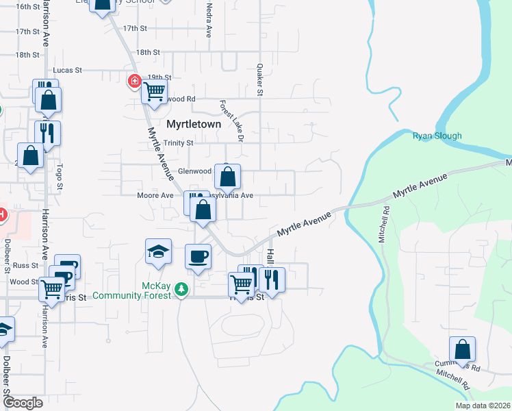 map of restaurants, bars, coffee shops, grocery stores, and more near 2420 Quaker Street in Eureka