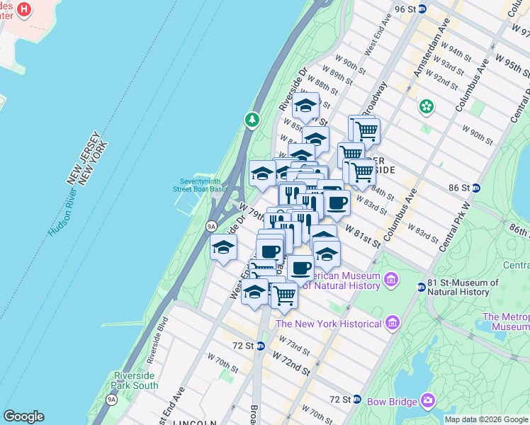 map of restaurants, bars, coffee shops, grocery stores, and more near in New York