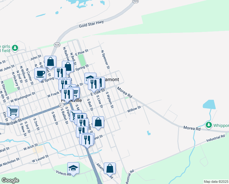 map of restaurants, bars, coffee shops, grocery stores, and more near 124 South Spencer Street in Frackville