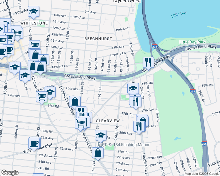 map of restaurants, bars, coffee shops, grocery stores, and more near 163-36 15th Drive in Queens