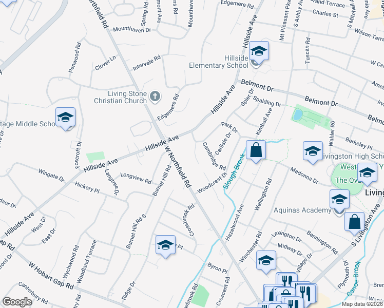 map of restaurants, bars, coffee shops, grocery stores, and more near 43 Manor Road in Livingston