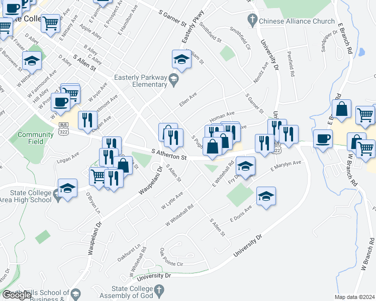 map of restaurants, bars, coffee shops, grocery stores, and more near 1255 Old Boalsburg Road in State College