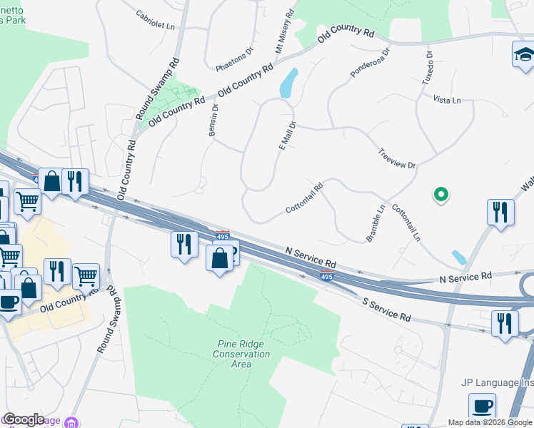 map of restaurants, bars, coffee shops, grocery stores, and more near 25 Cottontail Road in Melville