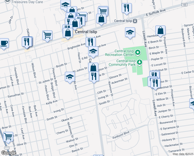 map of restaurants, bars, coffee shops, grocery stores, and more near 320 Earle St in Central Islip